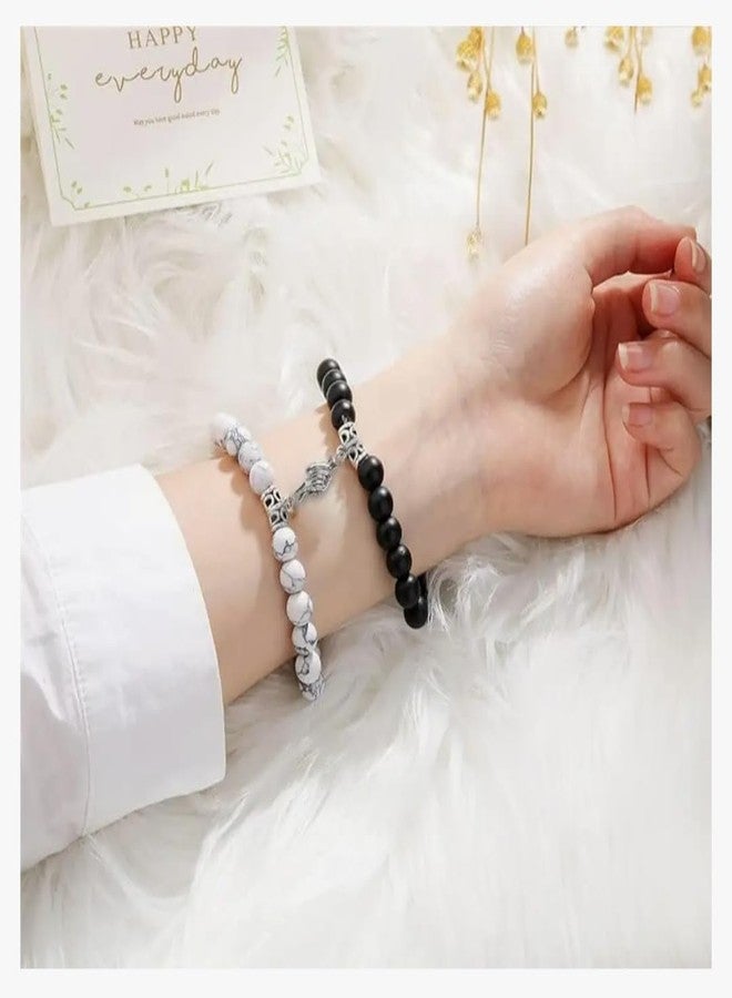 Shree Ju™ Exclusive Trendy and Stylish Black & White Magnetic Holding Hands Couple Bracelets Beaded Stone Onyx Stretchable Wrist Band Gift Jewellery For Men Women Unisex - Image 4