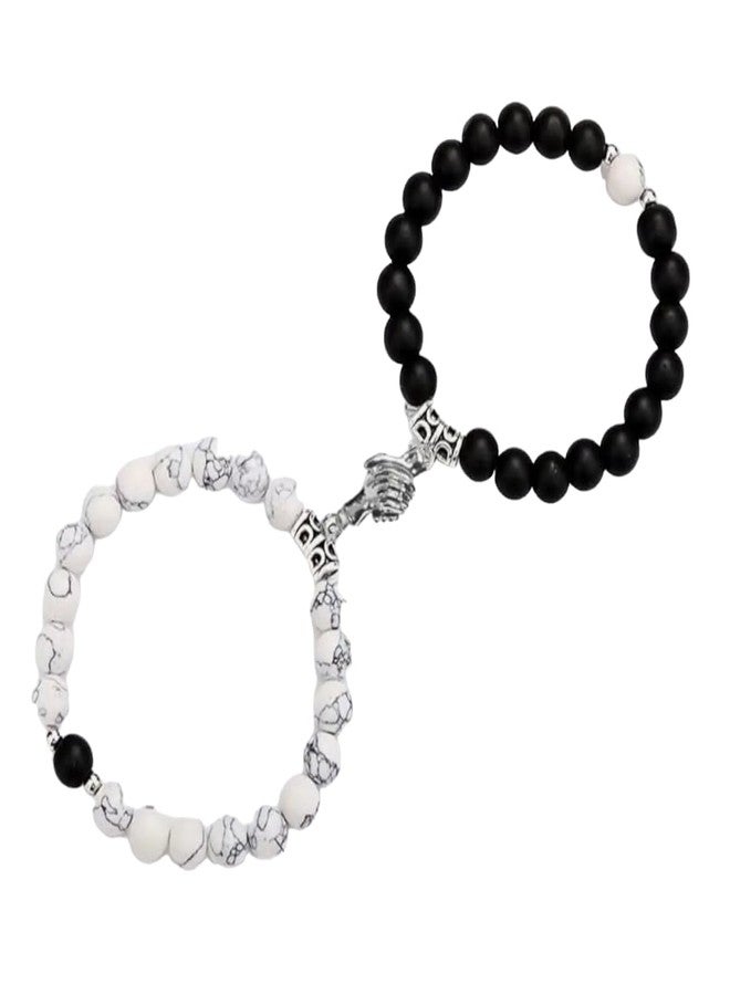 Shree Ju™ Exclusive Trendy and Stylish Black & White Magnetic Holding Hands Couple Bracelets Beaded Stone Onyx Stretchable Wrist Band Gift Jewellery For Men Women Unisex - Image 2