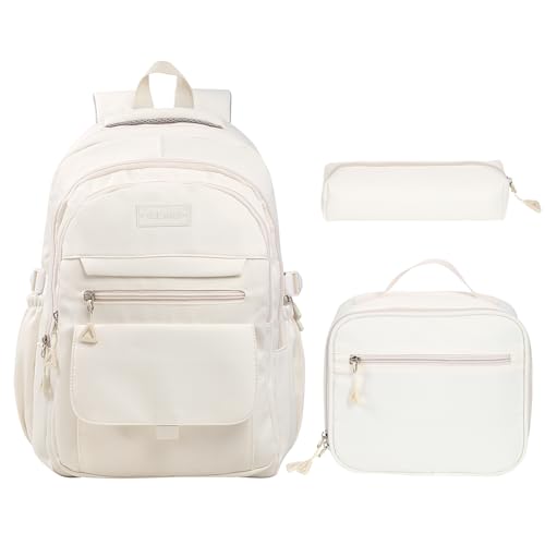 Phaoullzon Teen Girls School Backpack with Lunch Box for Boys, College Aesthetic Laptop Bookbag for Women,Beige - Image 1