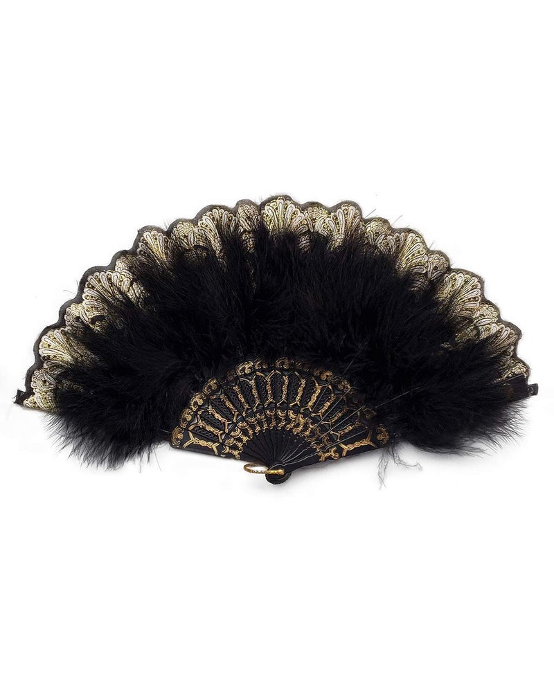 Happy Feather Embroidered Flower Marabou Feather Fan 1920s Vintage Style Flapper Hand Fan for Costume Party DancingBlack