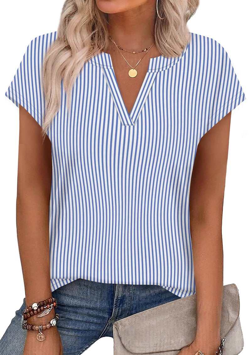 WIHOLL Business Casual Outfits for Women Summer Tops Vneck Tshirts Shirts Cap Sleeve Tops Beach Vacation Clothes Cute Ladies Tops Travel Spring Break Clothes Stripes M - Image 1