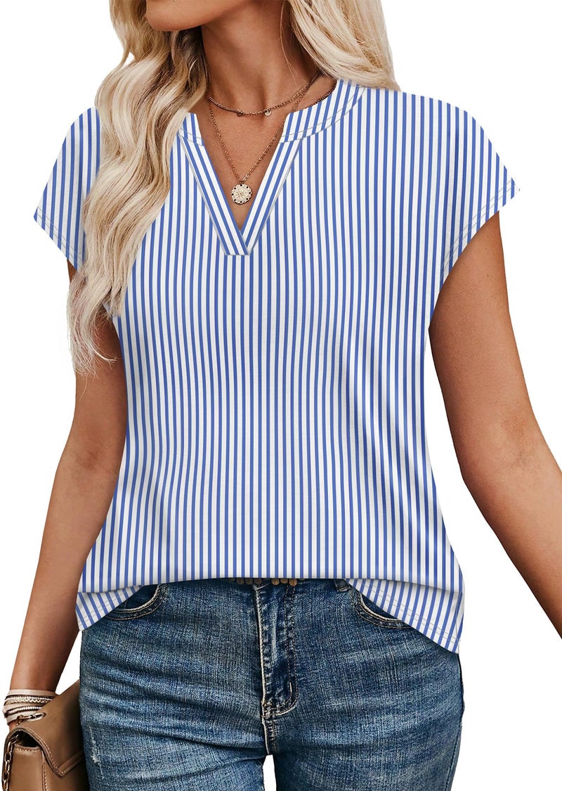 WIHOLL Business Casual Outfits for Women Summer Tops Vneck Tshirts Shirts Cap Sleeve Tops Beach Vacation Clothes Cute Ladies Tops Travel Spring Break Clothes Stripes M - Image 2