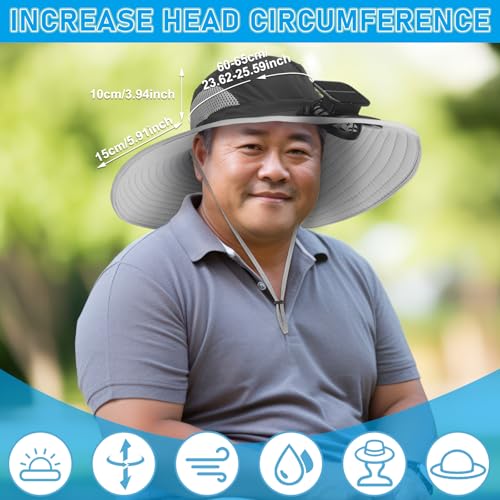 Berlune Solar Fan Hat Wide Brim Hat with Fan Oversized Outdoor Fishing Hats Removable UV Protection UPF 50 Sun BucketDark Grey - Image 3