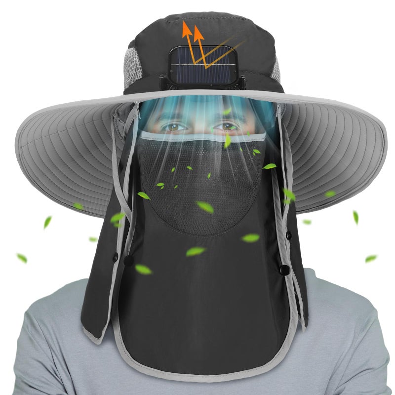 Berlune Solar Fan Hat Wide Brim Hat with Fan Oversized Outdoor Fishing Hats Removable UV Protection UPF 50 Sun BucketDark Grey - Image 2
