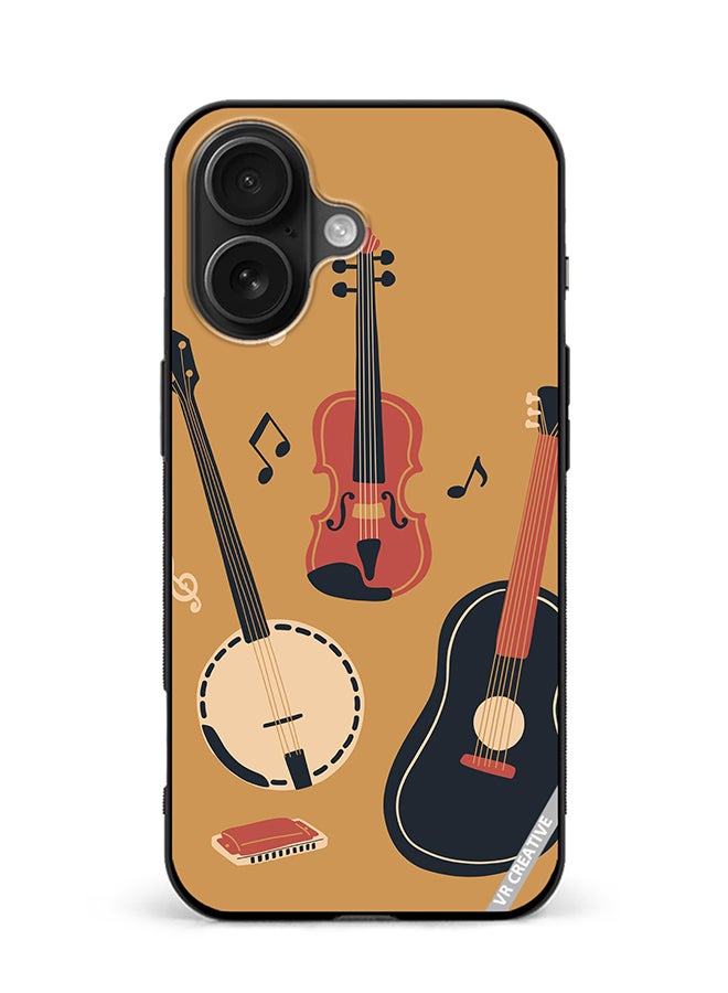 VR CREATIVE Protective Case Cover For Apple iPhone 16 Plus Banjo Acoustic Guitar Violin Notes And Harmonica Design Multicolour
