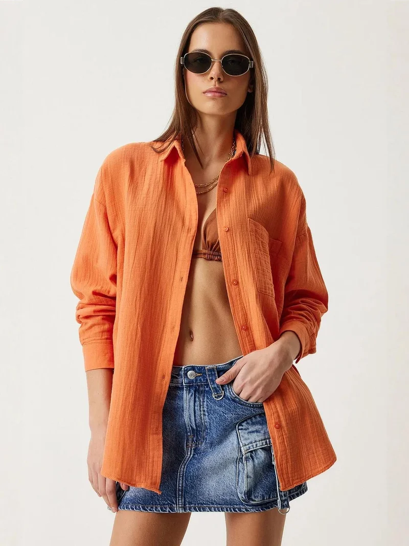 السعادة في إسطنبول ISTANBUL Oversized Textured Cotton Shirt with Pocket