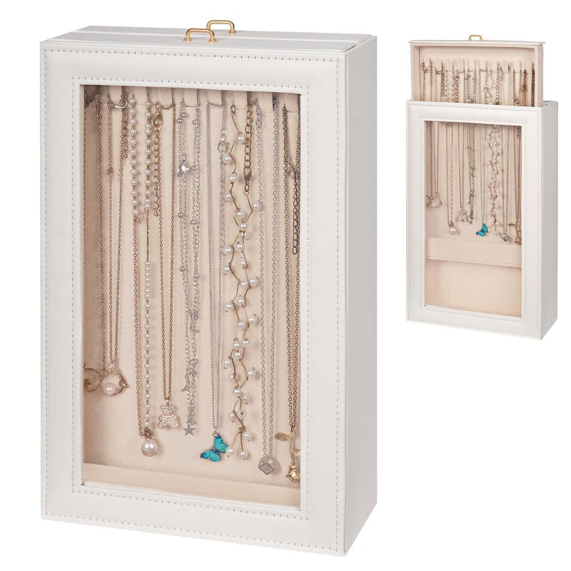 Exttlliy Necklace Organizer Box - 2-Layer Double-Sided Clear Lid Jewelry Storage Case, Anti-Tangle Necklaces Display Holder for Pendants Bracelets, Jewelry Organizer for Women Girls (White) - Image 1