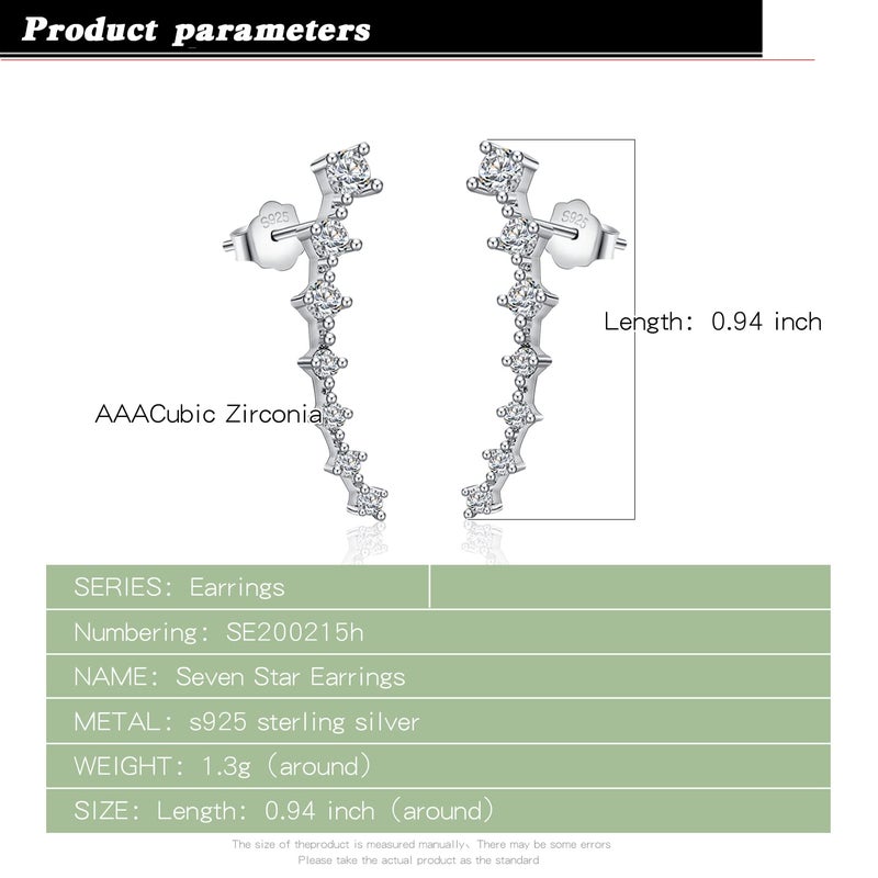 Dankadi 925 Sterling Silver Post Cubic Zirconia Ear Crawle Earring For Women 7 Crystal Star Stud Earrings AAA CZ Arrow Ear Climber Hypoallergenic Piercing Gifts For Her (Silver color) - Image 3