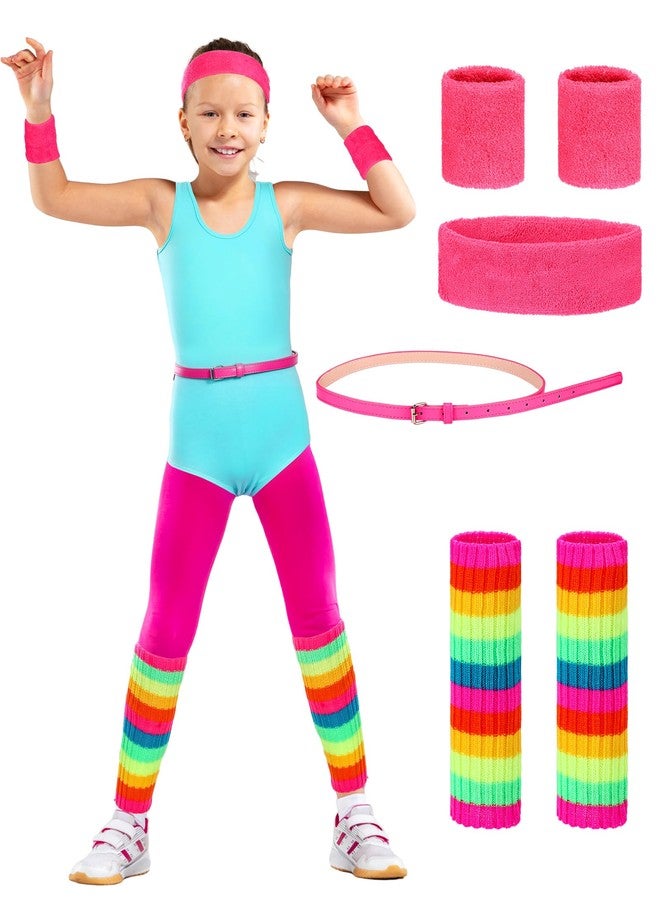 Cuffbow 6 Pcs Kids 80s Workout Costume Accessories Set Include Neon Leotard Legging Leg Warmers Wristband Headband Belt (2-3 Years) - Image 1