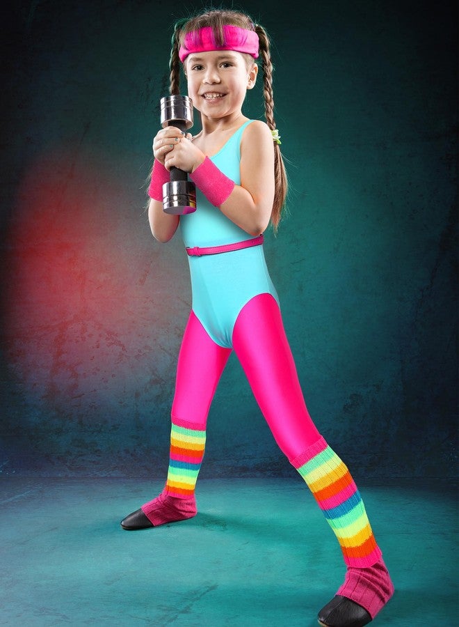 Cuffbow 6 Pcs Kids 80s Workout Costume Accessories Set Include Neon Leotard Legging Leg Warmers Wristband Headband Belt (2-3 Years) - Image 4