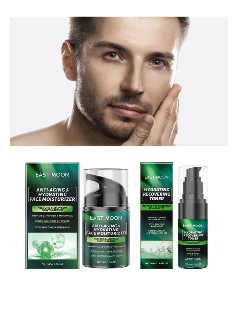 إيست مون مجموعة العناية بالبشرة للرجال، مرطب للوجه مضاد للشيخوخة ومرطب (50 جم)، تونر مرطب ومجدد (50 مل)، مرطب يومي للرجال، مضاد للشيخوخة، مضاد للتجاعيد، يحسن لون بشرة الوجه للرجال - Image 1
