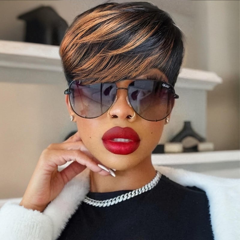 SAEIALL Short Pixie Cut Wig for Women Human Hair 1B33 Pixie Wig for Black Women Glueless Full Machine Made Wigs Easy to Wear Throw On and Go Wigs (Black with Brown) - Image 1