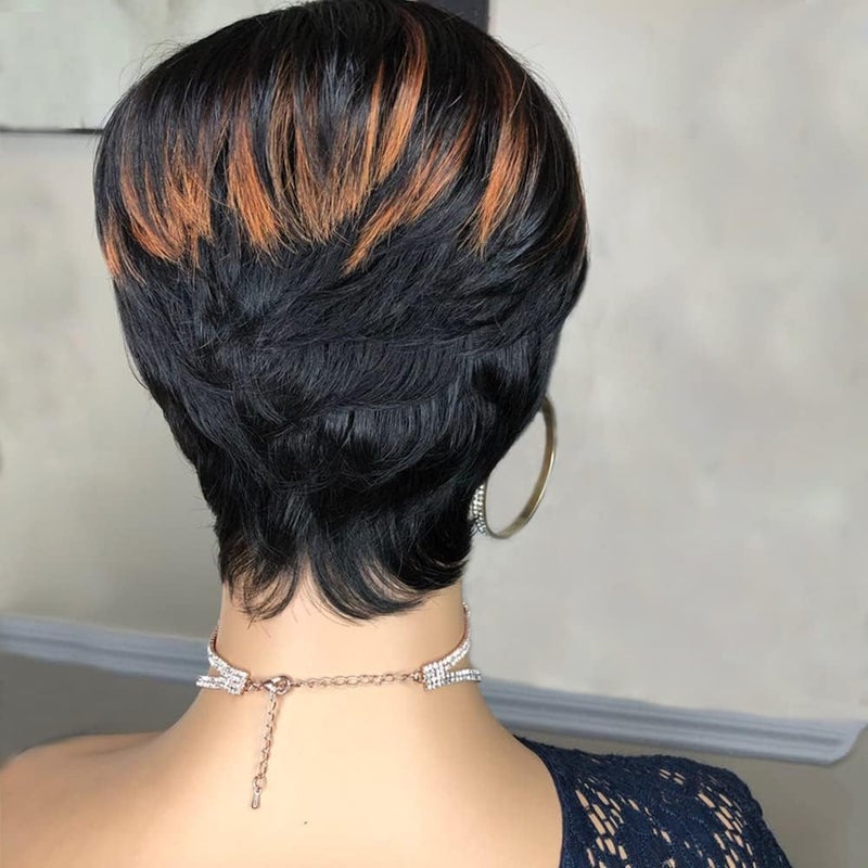 SAEIALL Short Pixie Cut Wig for Women Human Hair 1B33 Pixie Wig for Black Women Glueless Full Machine Made Wigs Easy to Wear Throw On and Go Wigs (Black with Brown) - Image 4