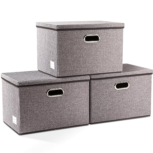 PRANDOM Large Collapsible Storage Bins with Lids 3Pack Linen Fabric Foldable Storage Boxes Organizer Containers Baskets Cube with Cover for Home Bedroom Closet Office Nursery 177x118x118