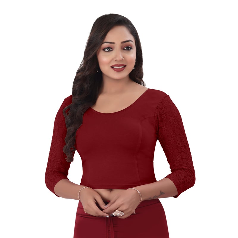 DESI GIRL - Round Neck Cotton Lycra Regular Fit Saree Blouse for Women | 3/4 Net Sleeve Readymade Stretchy Plain Design Festive Blouse Perfect for Saree, Lehenga, Kurti | Red Maroon - 36 - Image 4