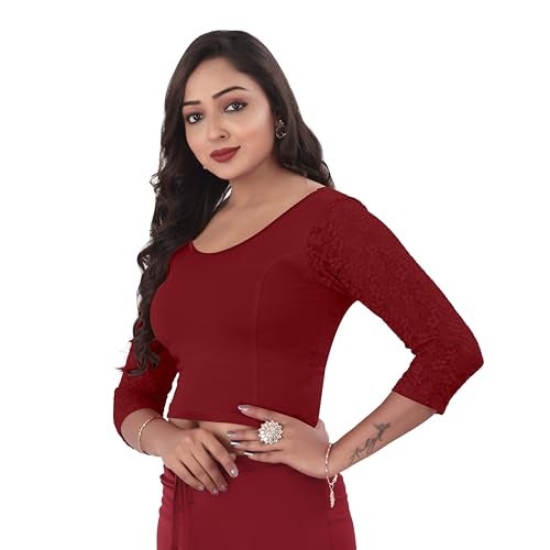 DESI GIRL - Round Neck Cotton Lycra Regular Fit Saree Blouse for Women | 3/4 Net Sleeve Readymade Stretchy Plain Design Festive Blouse Perfect for Saree, Lehenga, Kurti | Red Maroon - 36 - Image 2