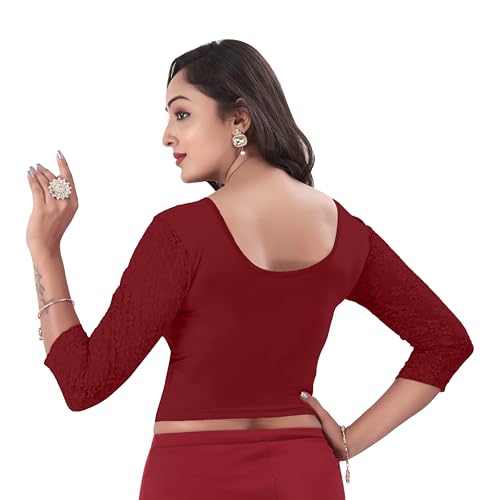 DESI GIRL - Round Neck Cotton Lycra Regular Fit Saree Blouse for Women | 3/4 Net Sleeve Readymade Stretchy Plain Design Festive Blouse Perfect for Saree, Lehenga, Kurti | Red Maroon - 36 - Image 3