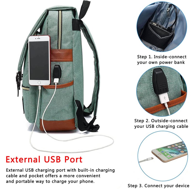 UGRACE حقيبة ظهر قديمة من UGRACE مع منفذ شحن USB، حقيبة سفر مقاومة للماء للرجال والنساء، تناسب حتى لابتوب بحجم 15.6 إنش باللون الأخضر - Image 4