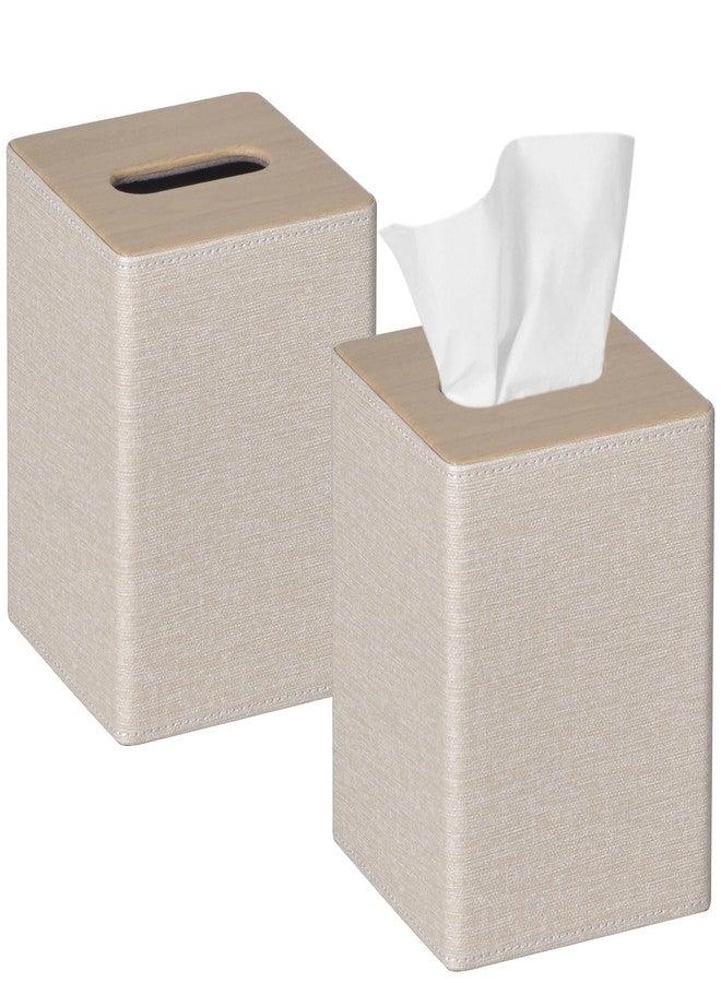 GOLRANLYE Tissue Box Cover Square 2 Pack PU Leather Facial Tissue Box Holder for Dresser Bathroom Decor (Beige) - Image 1