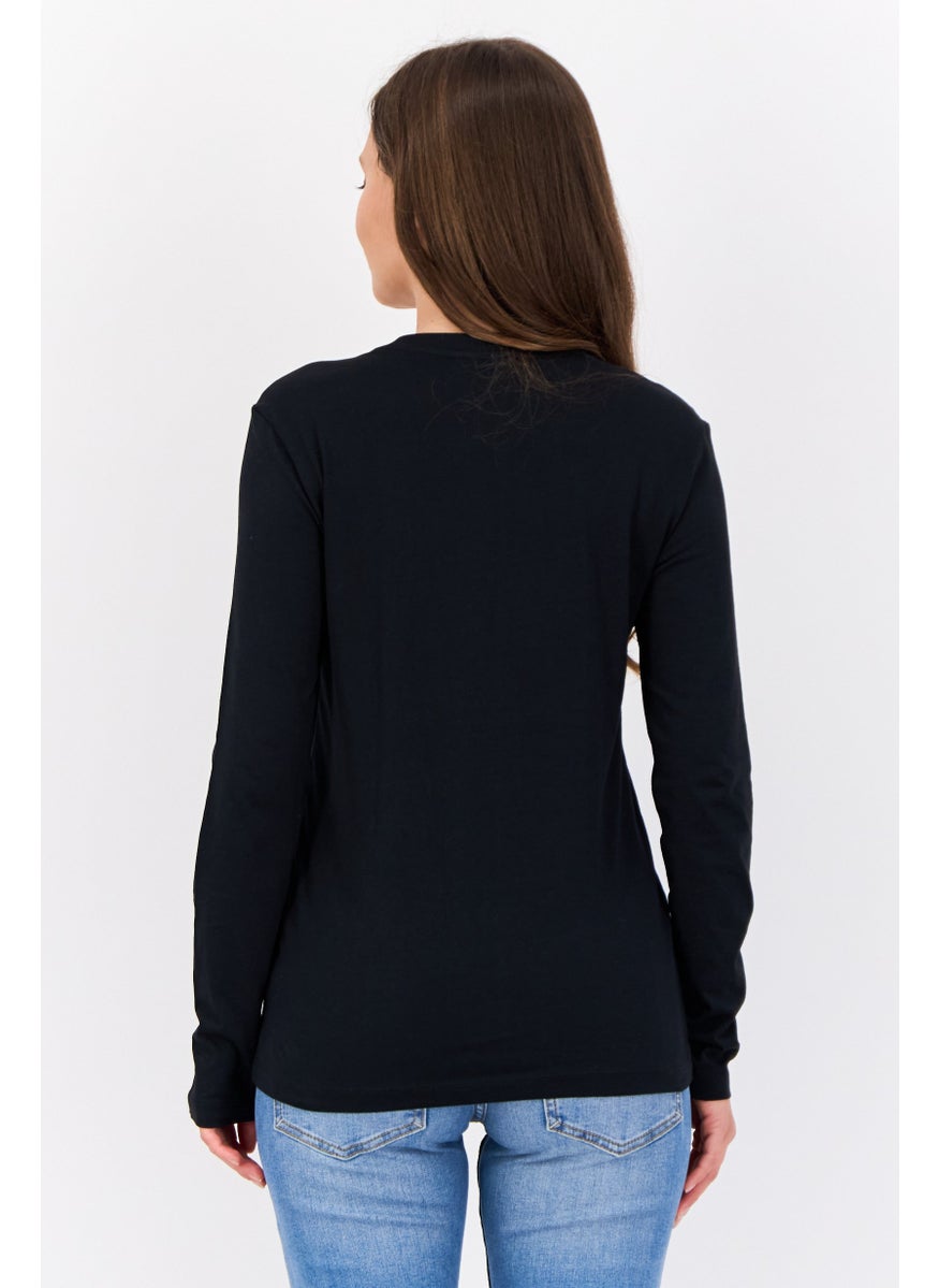 ESPRIT - Women Crew Neck Long Sleeve Brand Logo T-Shirt, Black - Image 1