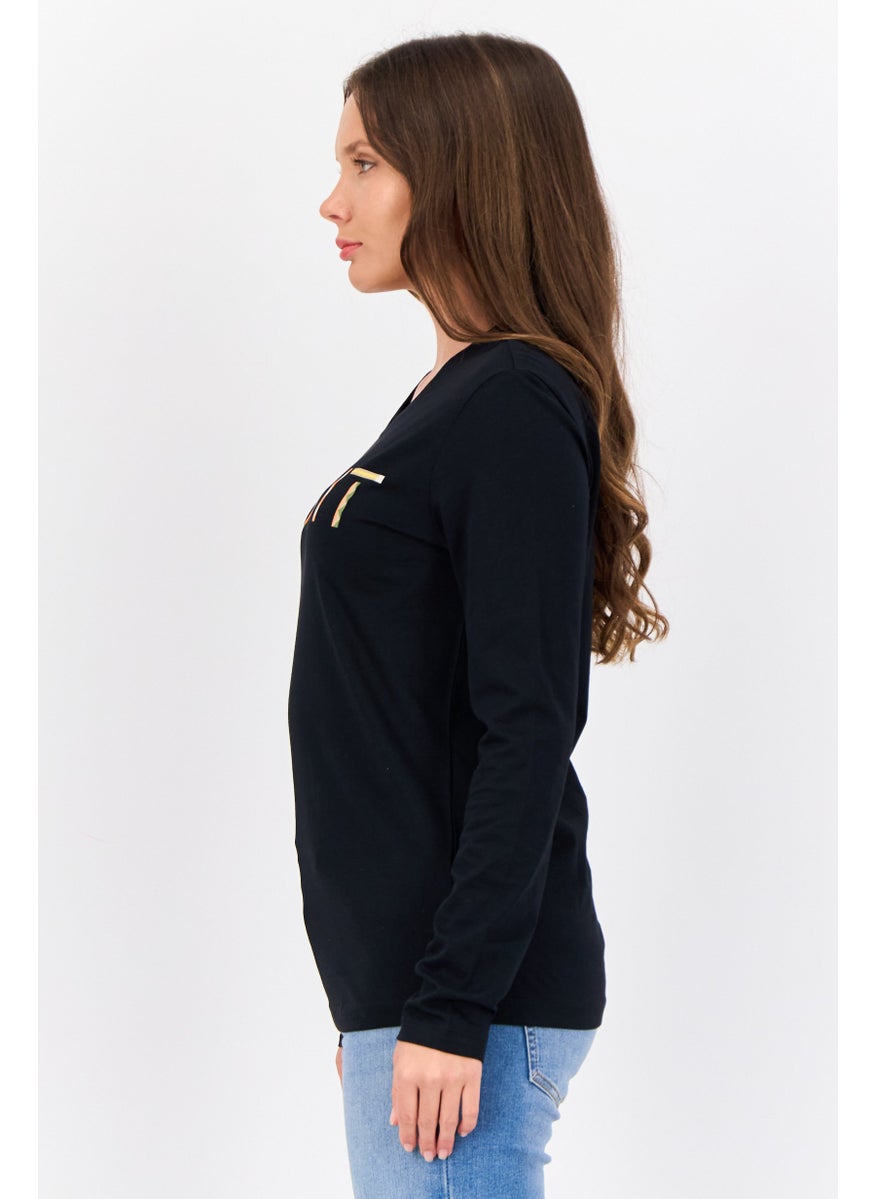 ESPRIT - Women Crew Neck Long Sleeve Brand Logo T-Shirt, Black - Image 1
