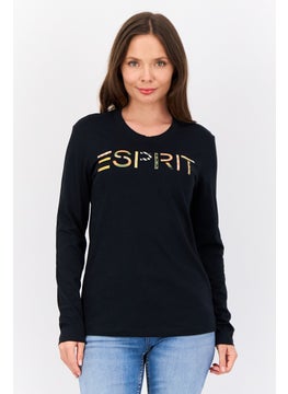 Women Crew Neck Long Sleeve Brand Logo T-Shirt, Black