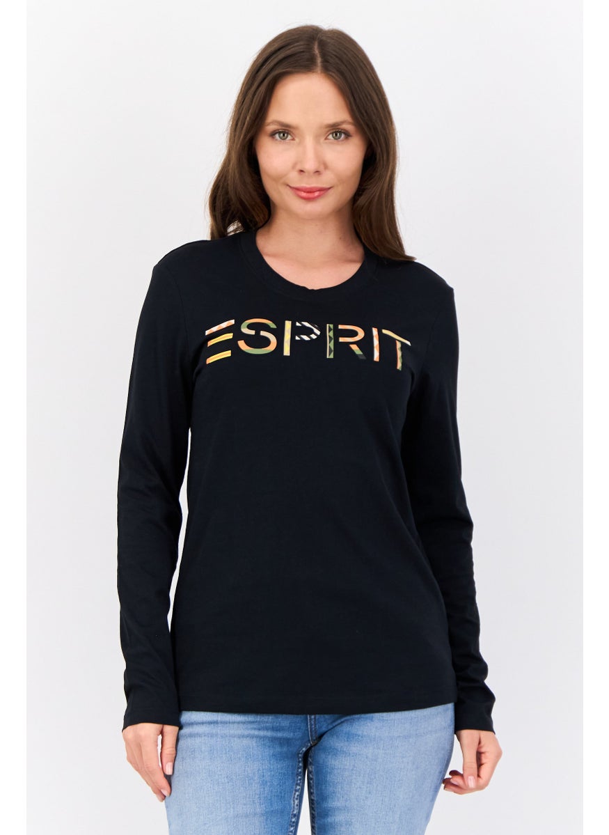 ESPRIT - Women Crew Neck Long Sleeve Brand Logo T-Shirt, Black - Image 1