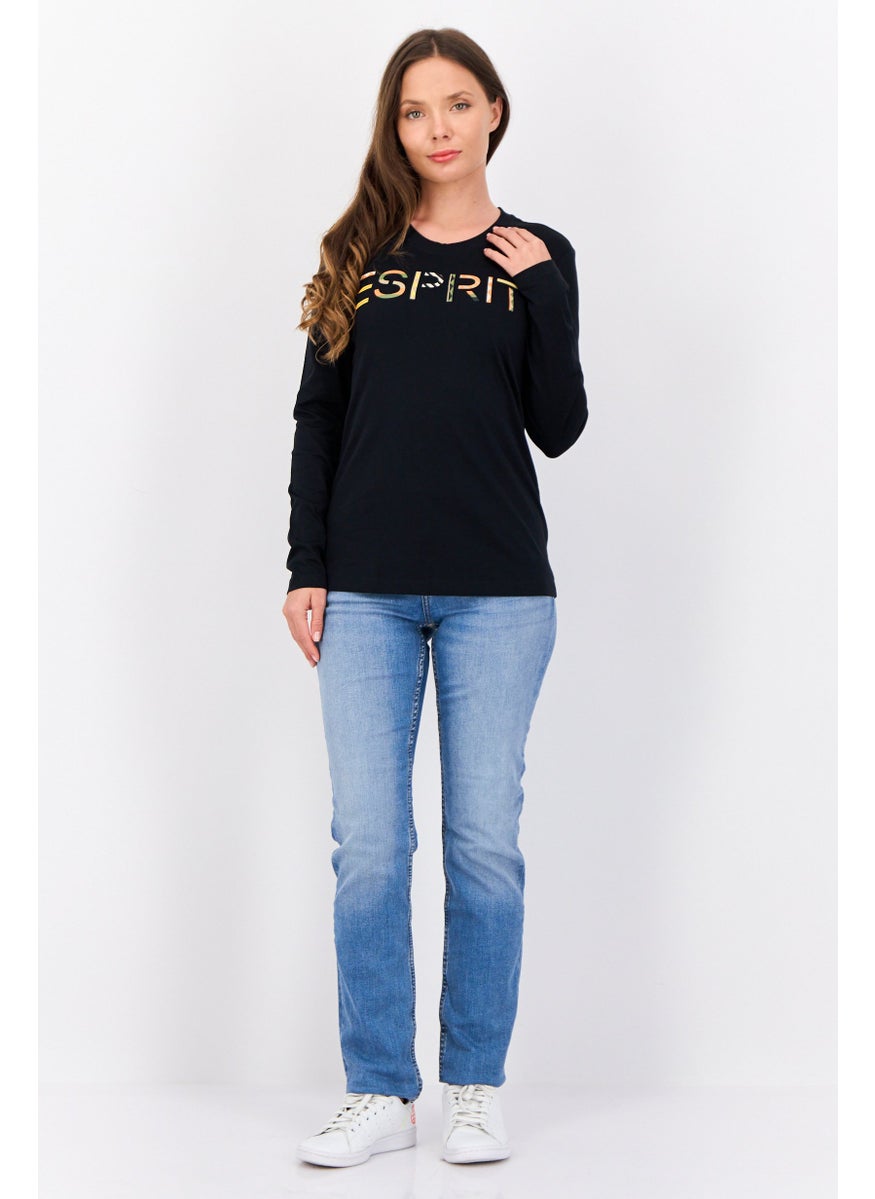 ESPRIT - Women Crew Neck Long Sleeve Brand Logo T-Shirt, Black - Image 1
