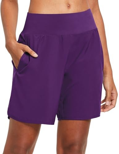baleaf Womens' 7 Inches Long Running Shorts Back Zipper Pocketed Athletic Active Exercise Shorts with Liner Purple Size L - Image 1