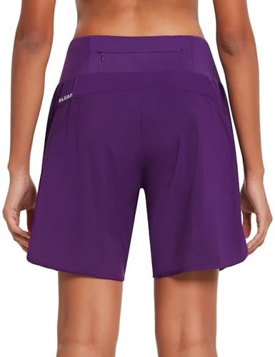 baleaf Womens' 7 Inches Long Running Shorts Back Zipper Pocketed Athletic Active Exercise Shorts with Liner Purple Size L - Image 2