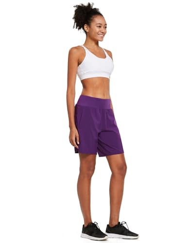 baleaf Womens' 7 Inches Long Running Shorts Back Zipper Pocketed Athletic Active Exercise Shorts with Liner Purple Size L - Image 5