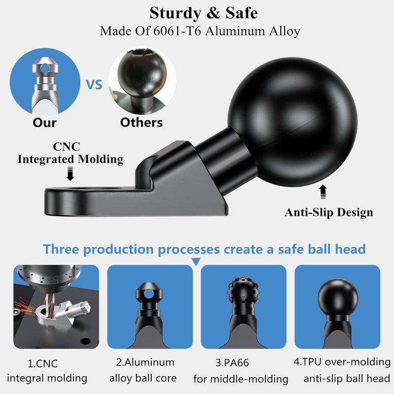 BRCOVAN 2 Pack, Aluminum Alloy Mount Base with 1'' TPU Ball & 10mm Mounting Hole, Angled Bolt Head Adapter Ball Base Compatible with RAM Mounts B Size Double Socket Arm - Image 3