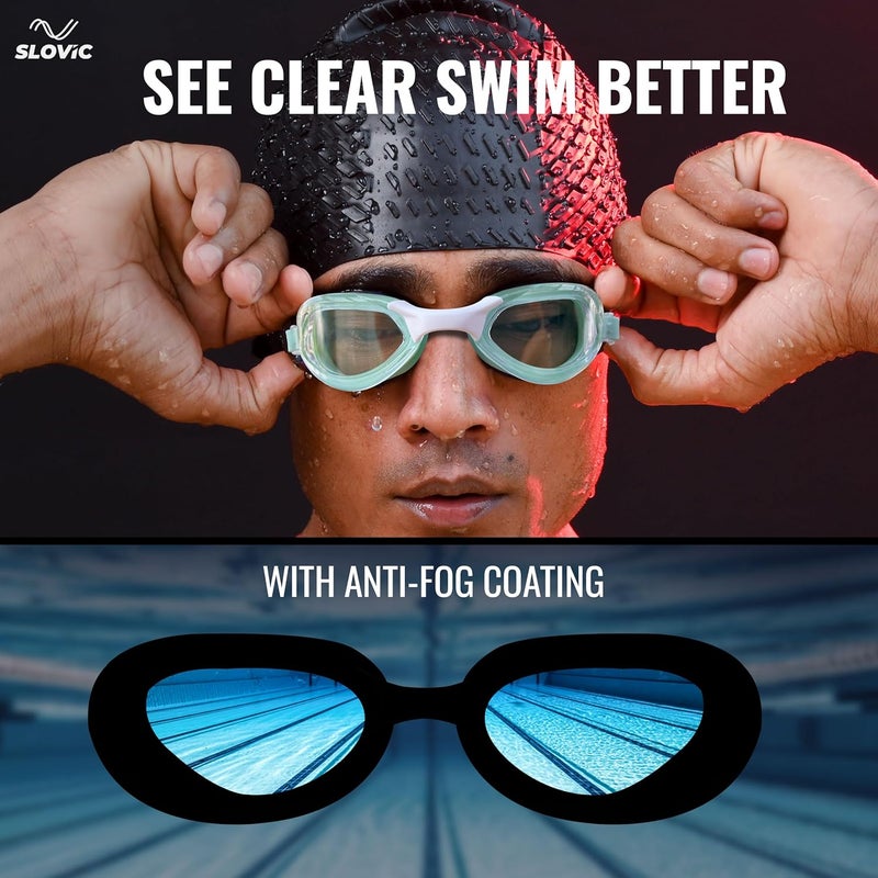 SLOVIC Swimming Goggles for Men [Green] | Swimming Goggles for Women | Anti-Fog & UV Protected Swimming Glasses for Men | Swimming Accessories | Leaf-Proof Goggle with Adjustable Straps & Nose Bridge - Image 3