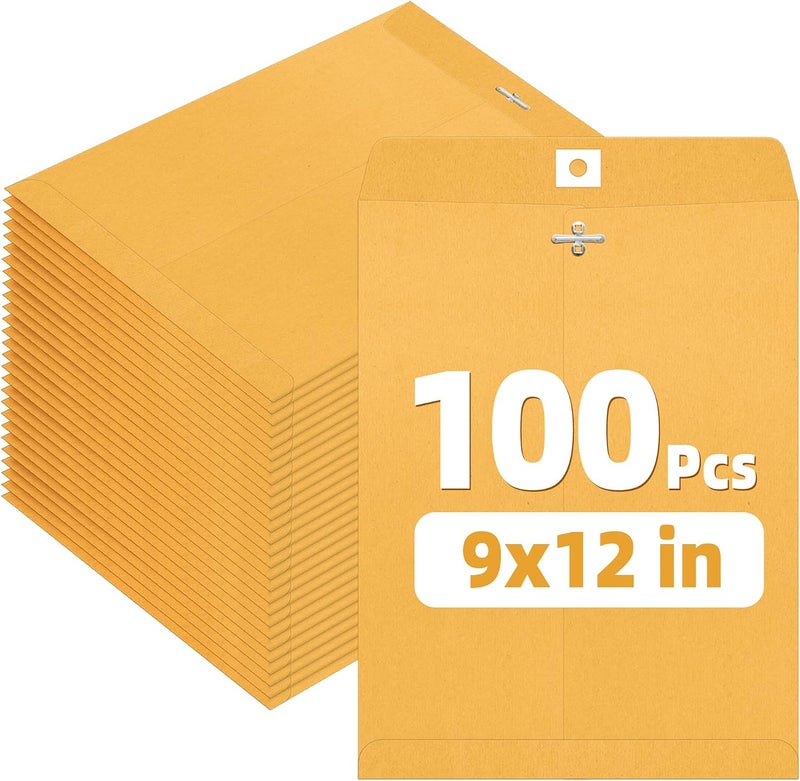 SUNEE 9"x12" Envelopes, 28-lb Heavyweight Kraft Paper, 100 Count, Brown Envelopes with Metal Clasp, for Storing, Mailing & Organizing Documents, Photos - Image 1
