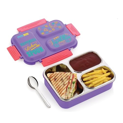 STEELLOCK SmartMeal 3 Partition Stainless Steel Insulated Tiffin for Kids & Adults with Spoon | Leak-Proof Lunch Box with Silicone Gasket Lid | Bento Box for School, Boys, Girls & Office 600 ML - Purple. - Image 1
