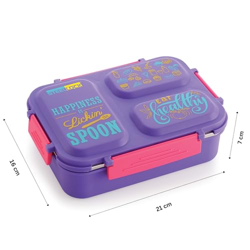 STEELLOCK SmartMeal 3 Partition Stainless Steel Insulated Tiffin for Kids & Adults with Spoon | Leak-Proof Lunch Box with Silicone Gasket Lid | Bento Box for School, Boys, Girls & Office 600 ML - Purple. - Image 5