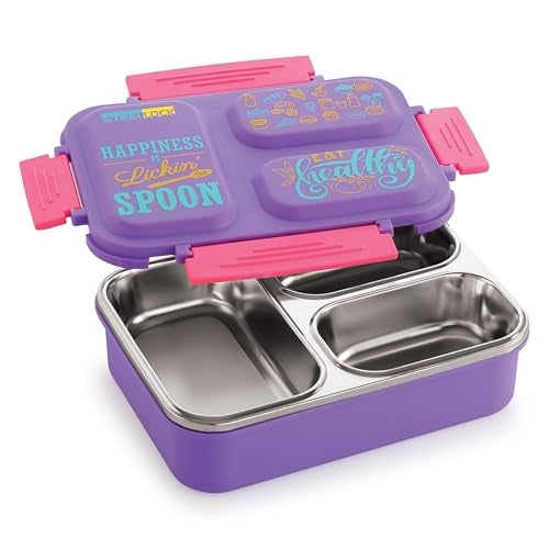 STEELLOCK SmartMeal 3 Partition Stainless Steel Insulated Tiffin for Kids & Adults with Spoon | Leak-Proof Lunch Box with Silicone Gasket Lid | Bento Box for School, Boys, Girls & Office 600 ML - Purple. - Image 2
