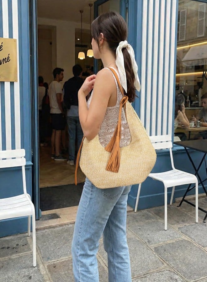 Herald Tassel Straw Hobo Shoulder Bag for Women, Summer Beach Crescent Crossbody Purse Handbag with Adjustable Strap (Brown) - Image 2