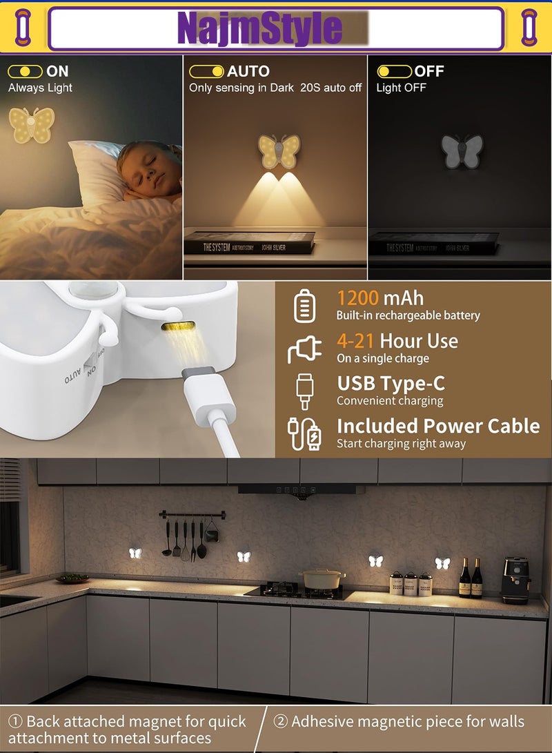 NajmStyle Butterfly Night Lights, 1200mAh Rechargeable Motion Sensor Lights Indoor with 3 Lighting Mode, Magnetic Installation, Kids Wall Lamp for Hallway Stair Bathroom - Image 3