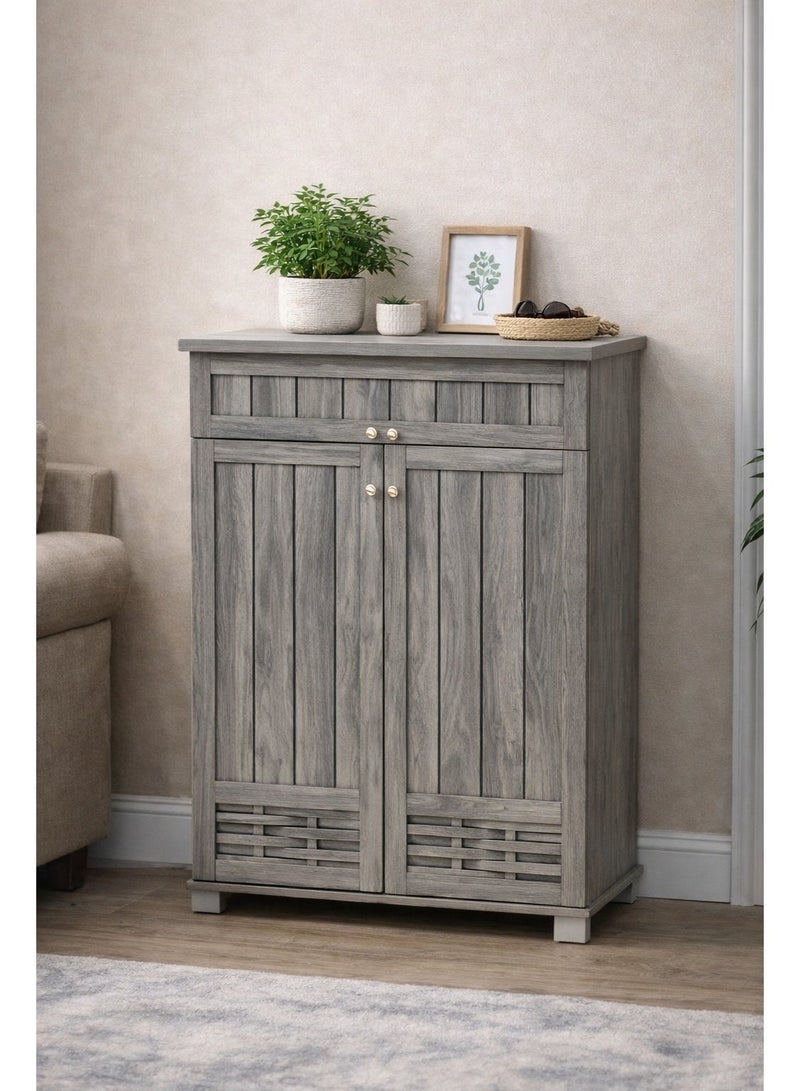 اقرأ بي  خزانة أحذية خشبية رمادية اللون مع درج - منظم تخزين أحذية ببابين و4 أرفف | خزانة أحذية عصرية للمدخل - Image 1