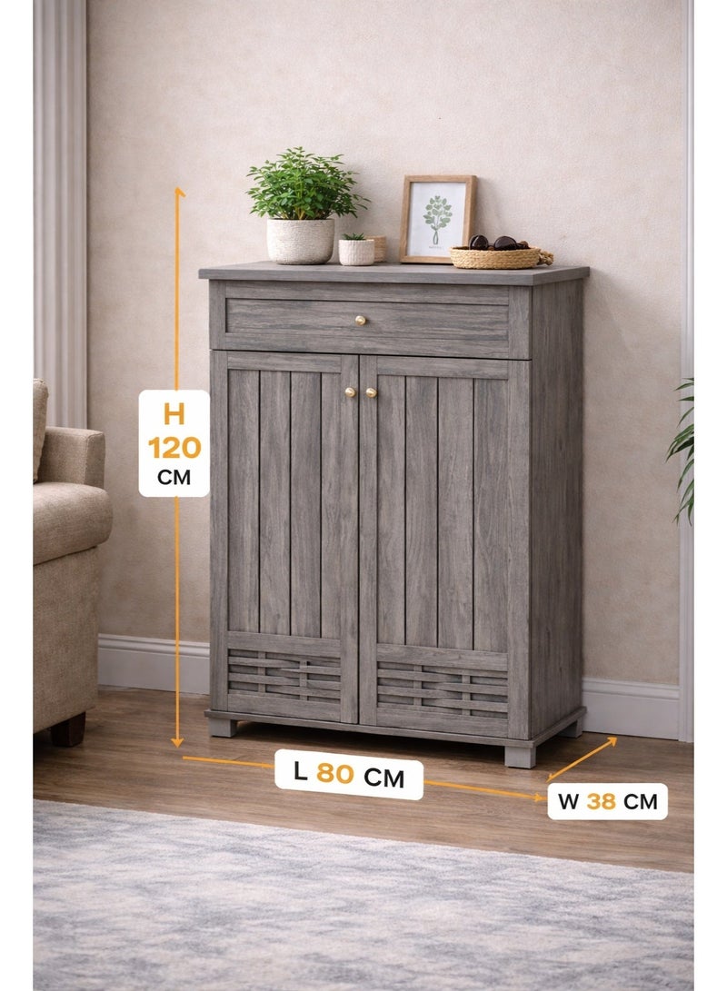 اقرأ بي  خزانة أحذية خشبية رمادية اللون مع درج - منظم تخزين أحذية ببابين و4 أرفف | خزانة أحذية عصرية للمدخل - Image 4