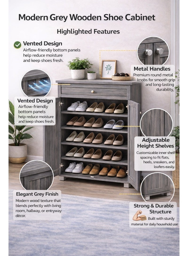 اقرأ بي  خزانة أحذية خشبية رمادية اللون مع درج - منظم تخزين أحذية ببابين و4 أرفف | خزانة أحذية عصرية للمدخل - Image 3