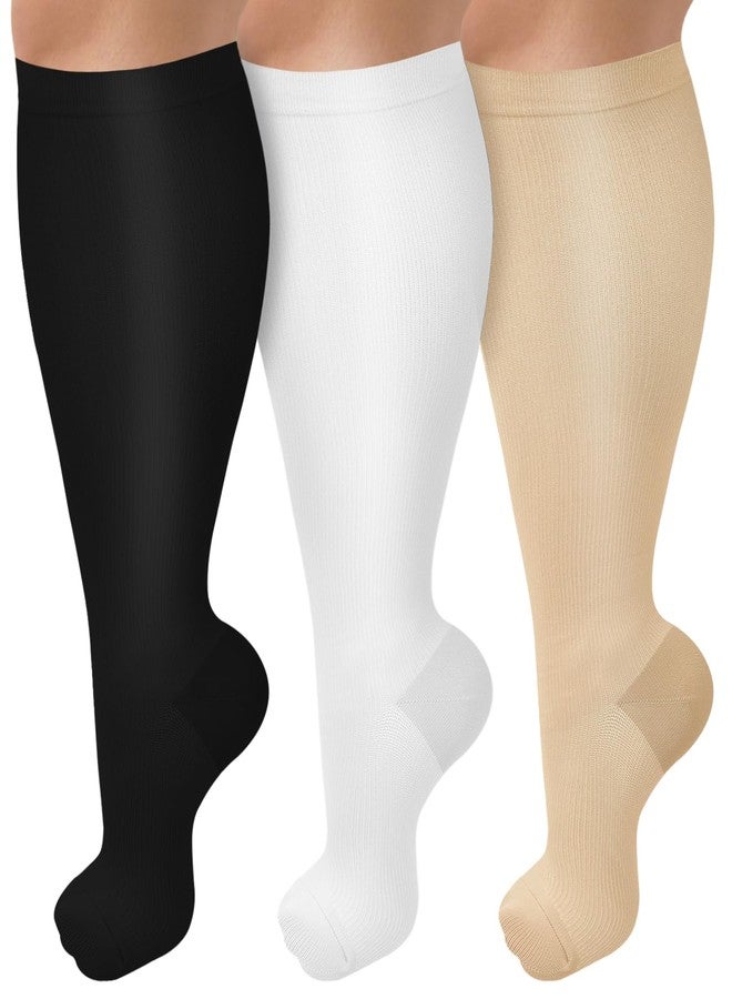 CTHH 3 Pack Wide Calf Compression Socks for Women & Men, Plus Size Knee High Stockings for Circulation Support, Black White Nude, 2XL - Image 1