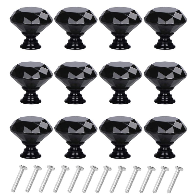 YourGift 12 Pack Drawer Knobs Diamond Shaped Crystal Glass 30mm Cabinet Knobs Pull Handles 30 mm 12 Pack All Black