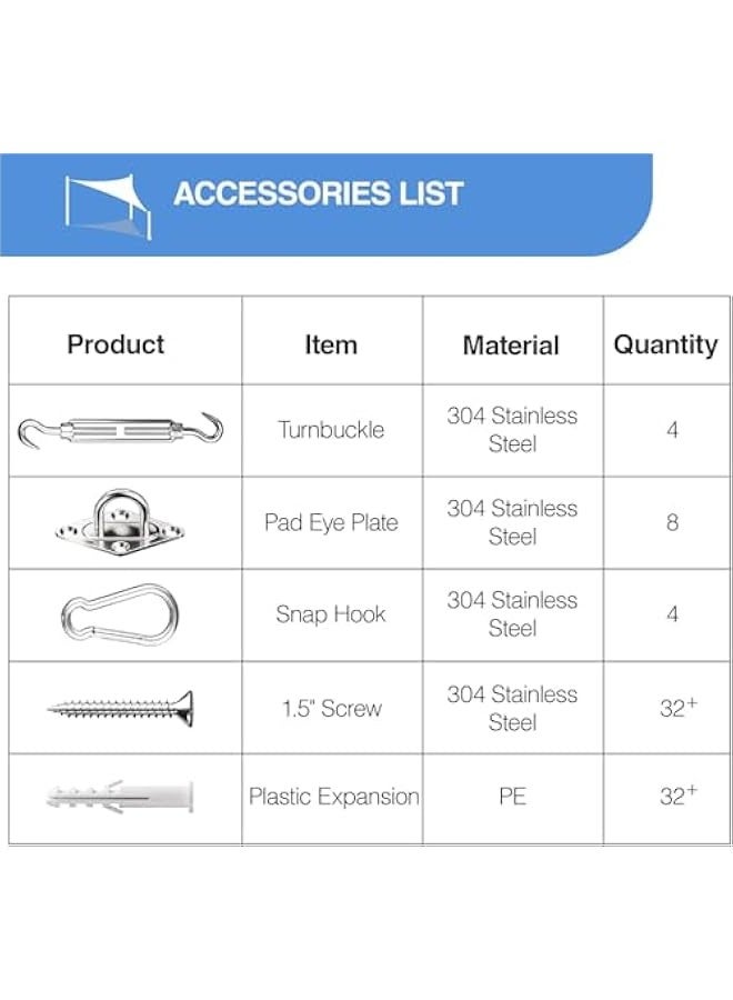 TRASSLE Sun Shade Sail Hardware Kit 6 Inch Heavy Duty 304 Stainless for Triangle & Rectangle Outdoor Patio Canopy Garden Installation - Image 5