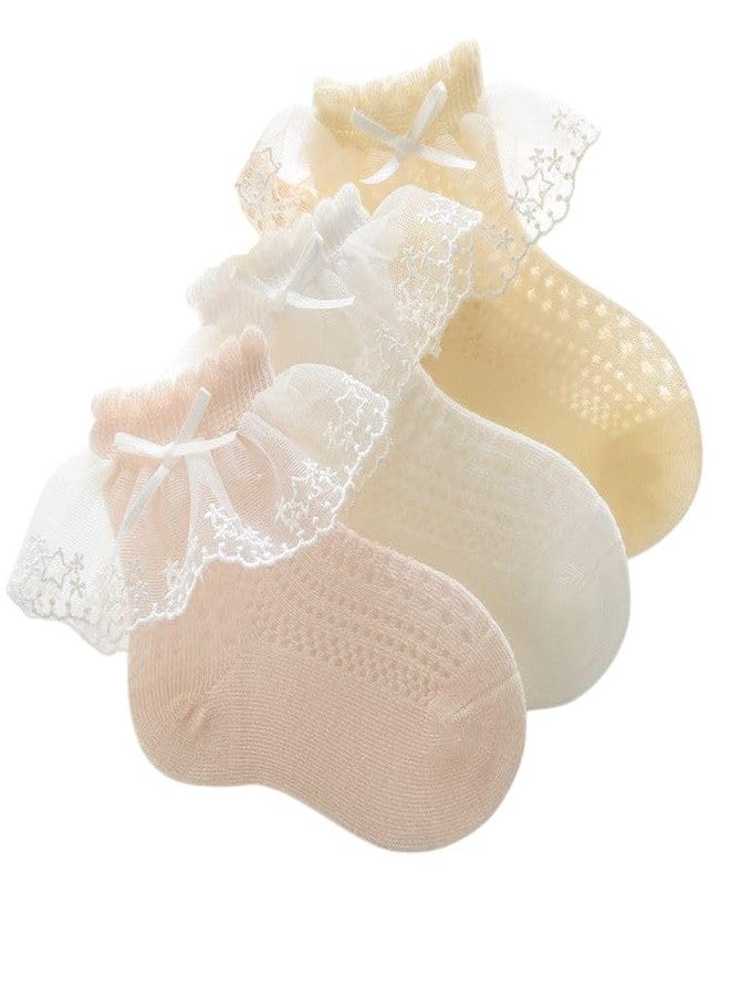 CUTEABLY Baby Girls Lace Ruffle Ankle Socks, 3 Pairs, White Pink Cream, Princess Style (IN, Age, 0 Months, 6 Months, Multicolour) - Image 1