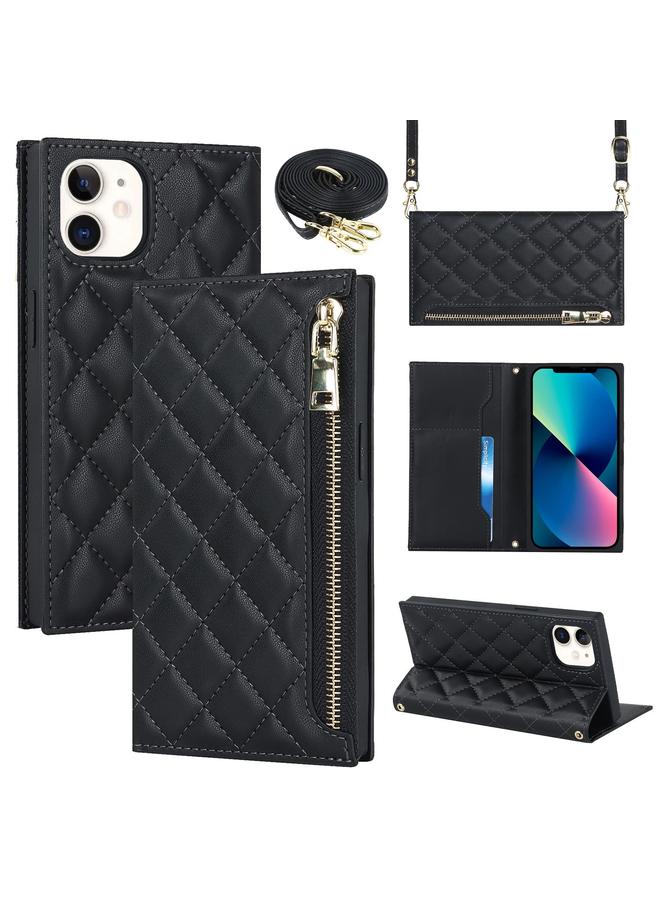 Zaboon Case For iPhone 12 mini Grid Texture Lanyard Zipper Leather Phone Case - Image 1