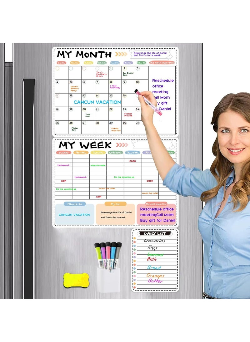SYOSI 3PCS Magnetic Dry Erase Calendar for Refrigerator Monthly Calendar Whiteboard for Fridge Weekly Planner Shopping List and 6 Colorful Markers with Erasers Refrigerator Scheduler Board  - Image 2