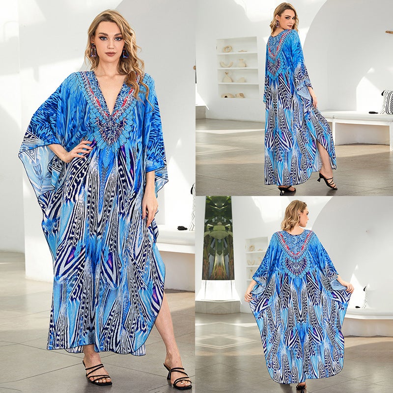 Generic 2024 new cross-border polyester beach blouse dress loose robe bikini outer wear womens swimsuit sun protection shirt ZS2338-2 Blue