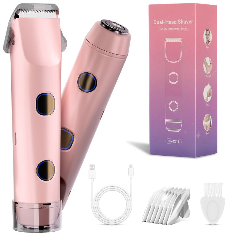 FIONOFY 2-in-1 Bikini Trimmer for Women, Bikini Shaver with Dual Heads, Body and Facial Hair Removal, Cordless Rechargeable Electric Razors for Face Chin Pubic Underarm Legs, IPX7 Waterproof, Pink - Image 1